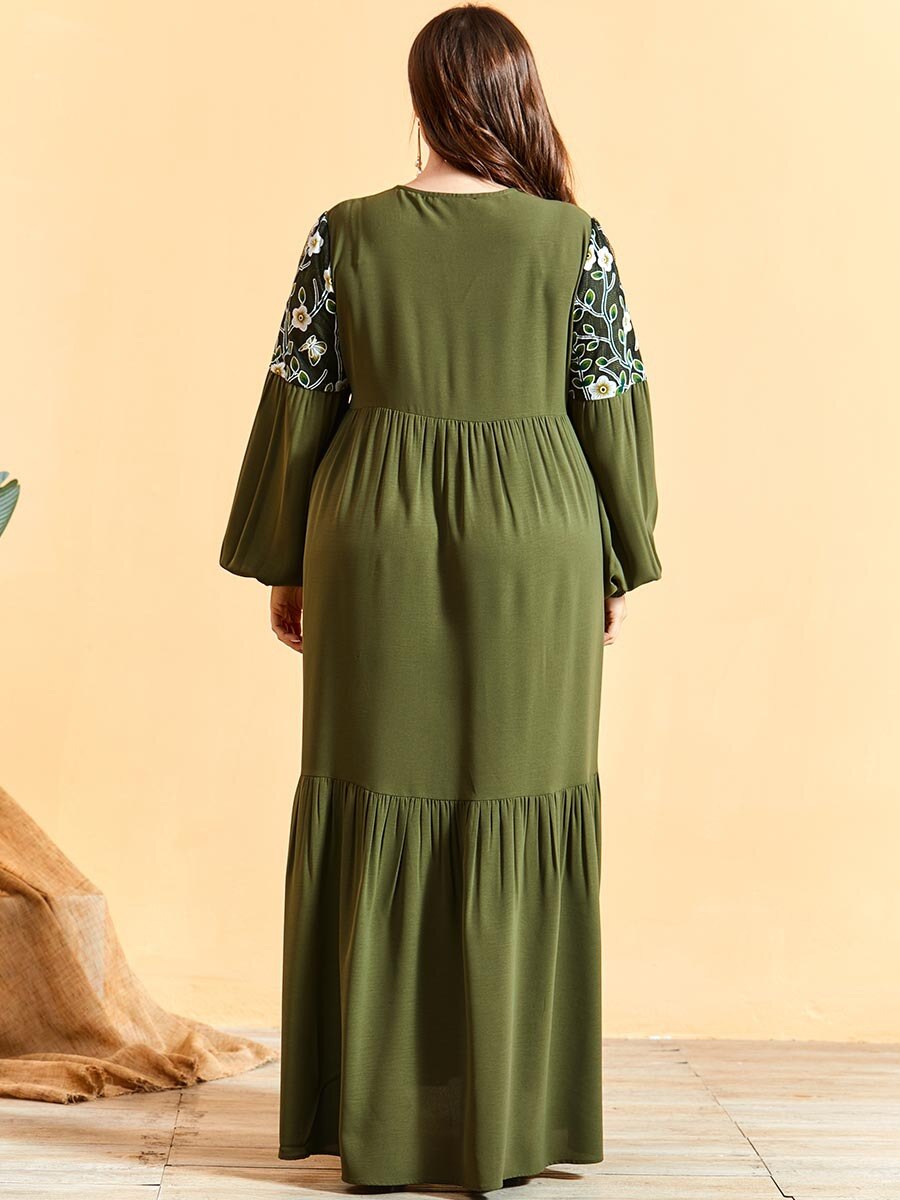 Herfst Winter Jurk Vrouwen Lange Mouw Borduurwerk Bloemen Elegante Jurk Maxi Lange Moslim Jurken Plus Size Islamitische Kleding