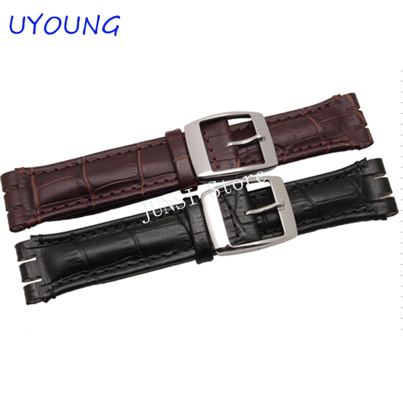 Bracelet de montre en cuir véritable étanche, noir marron, 17mm, 19mm, pour montre Swatch Alligator