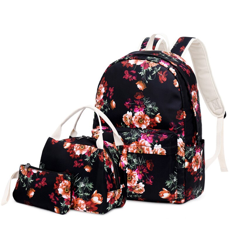 3 stks/set Nylon Waterdichte Afdrukken rugzak Vrouwen Schooltas voor Tieners Meisjes Student Boekentas met Lunchbox: flower black