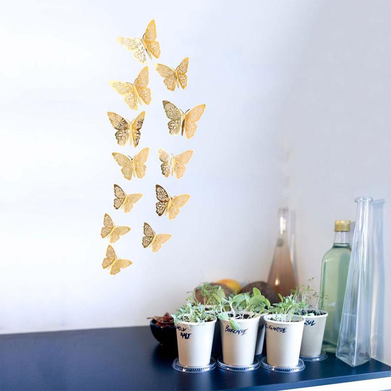 12 pièces/pack 3D doré papillon Stickers muraux bricolage creux Simulation papier papillon décoration mur ornement mariage mise en page