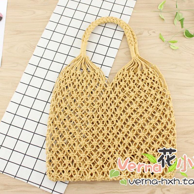 35X35Cm Mode Populaire Geweven Zak Mesh Touw Weven Tie Gesp Reticulate Hollow Strozak Geen Gevoerd Netto schoudertas: light yellow