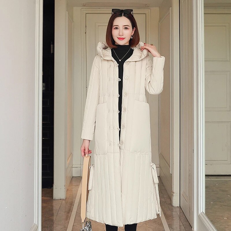 Vinter x-lang parka til kvinder solide jakker slanke tykke hættebeklædte bomuldspolstrede frakker oversized kontor dame manteau femme: Beige / Xl