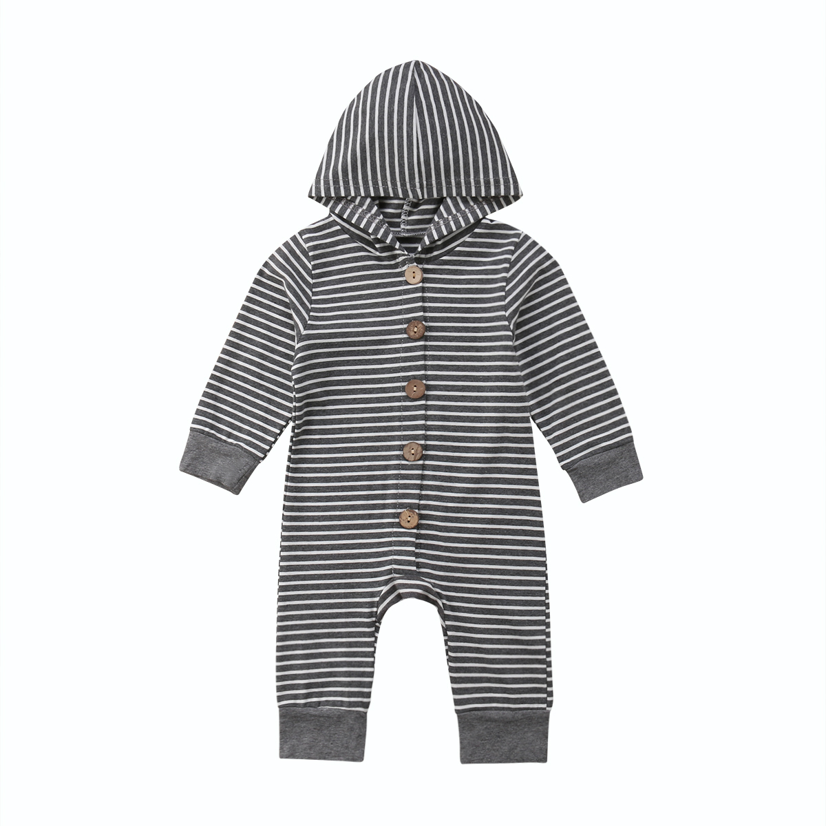 pudcoco Newborn Baby Boys Girls Unisex Autumn Solid+Striped Rompers Baby Kids Cotton Cute Clothes Romper Hooded Jumpsuit Outfits: Grey Striped / 12M