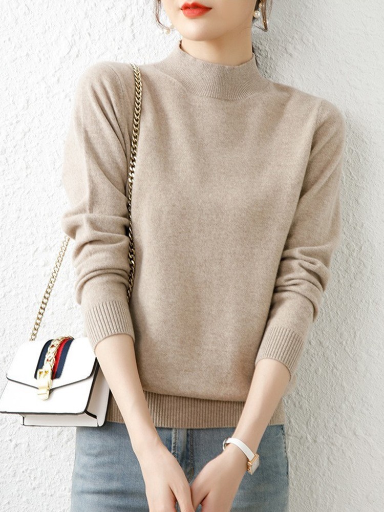 Outono inverno blusas inferiores moda feminina chique gola alta pulôver fino manga longa malha jumpers macio quente pull femme topo: Cáqui