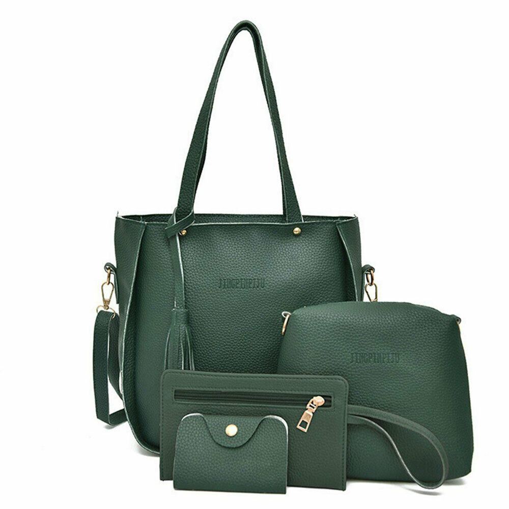 4Pcs Set Women Lychee Pattern Mother-child Four-piece Handbag Messenger Bag Wild Mini Bucket Tassel Single Shoulder: Green