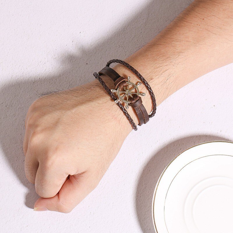 Pulsera de cuero multicapa con timón de marinero para hombre y mujer, brazaletes náuticos, brazalete Vintage,
