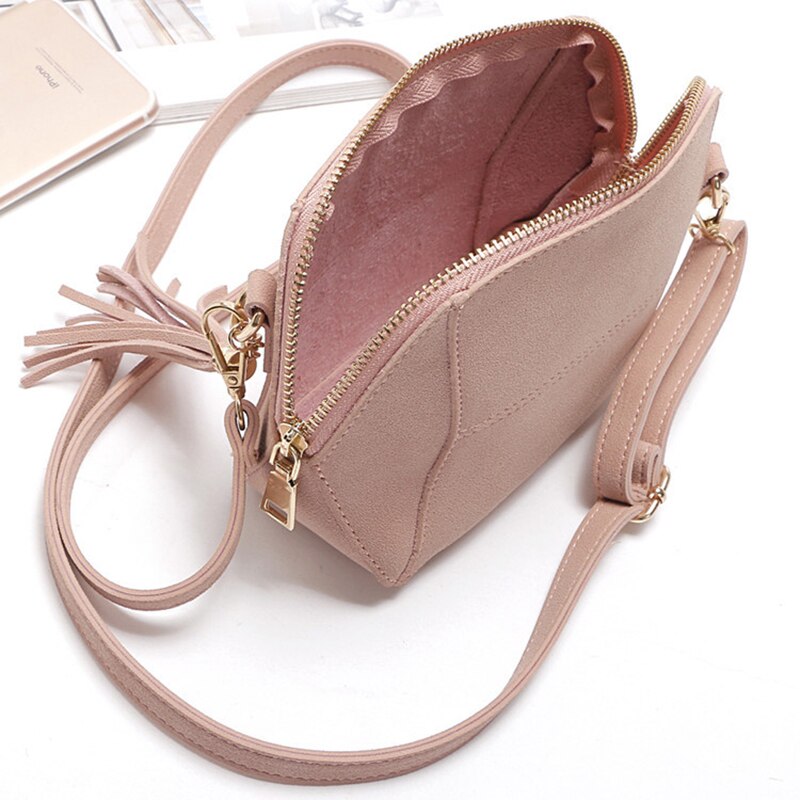 Bolso cruzado de nobuk con borla para mujer, Mini bolso de hombro femenino con solapa de cuero PU, Bolso Barato de mensajero sólido