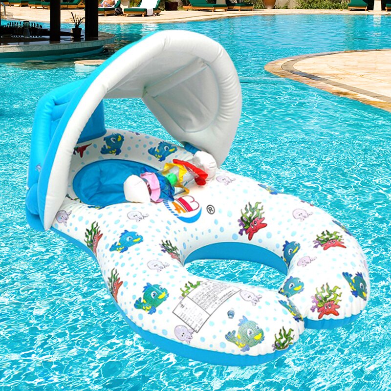 Inflatable Baby Swimming Ring Mommy Baby Parent-Child Double Person Float Seat Swimming Boat with Removeable Sun Canopy