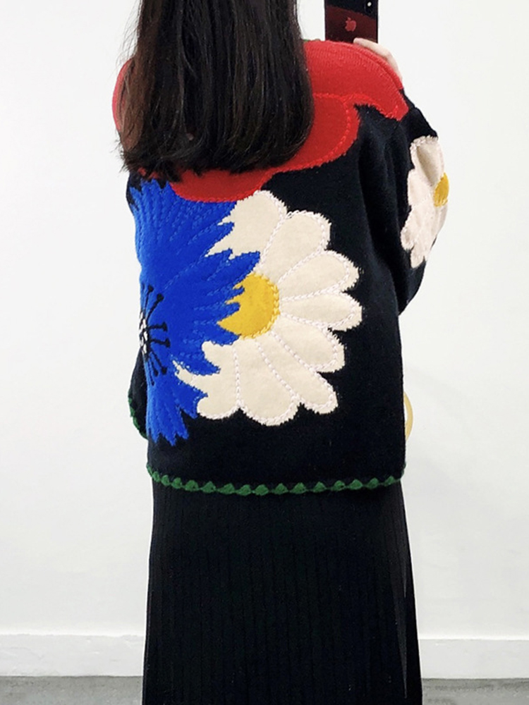 Khalee yose boho blomstret strikket sweater cardigan tyk blomst sort farverig efterår vinter kvinder sweatere kvinder dame cardigans
