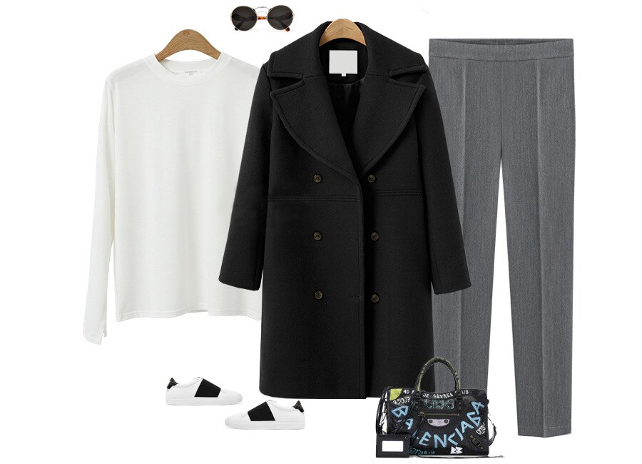 Manteau Double boutonnage en laine pour femme, veste mi-longue, grande taille, couleur Pure, streetwear, manches longues, automne hiver: Black / XL