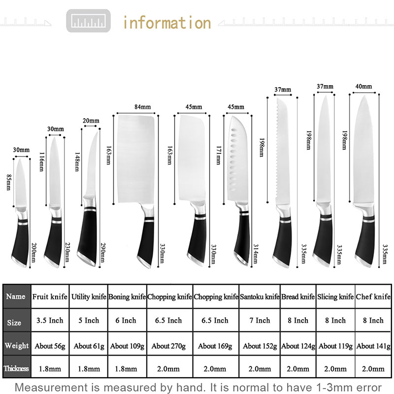 Xyj japansk 9 stk rustfritt stål kniver sett 3 cr 13 rustfritt stål kokke kniver sett hakke santoku nakiri skjære skjærekniv