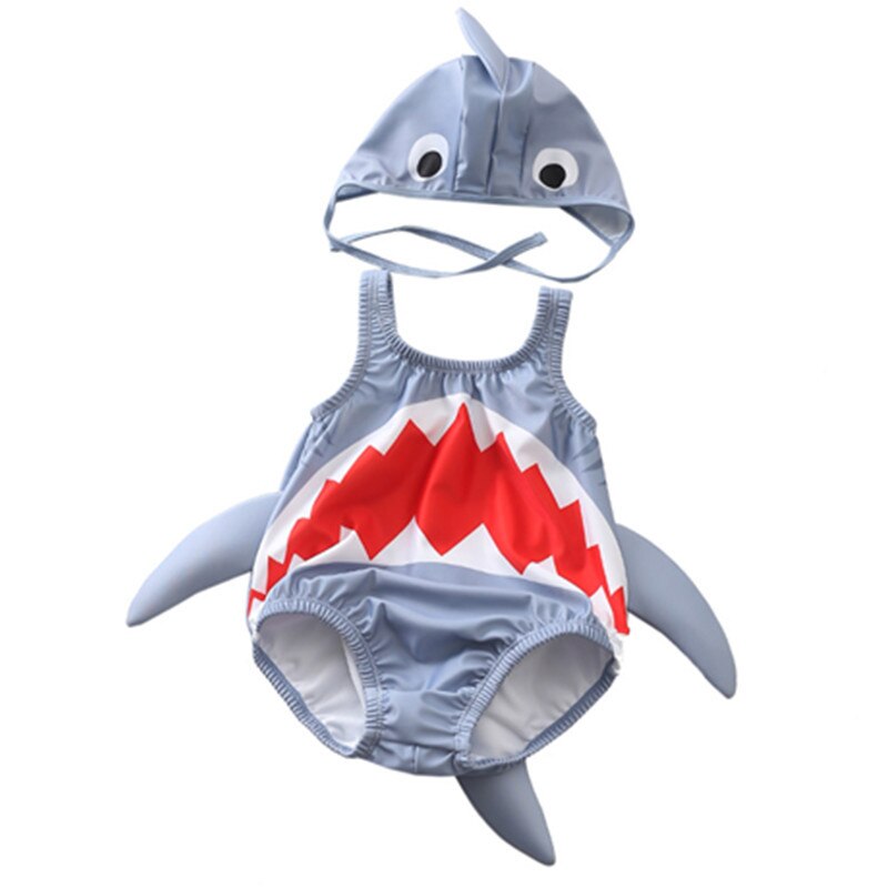 Mode een stuk meisjes badmode mooie baby jongens zwemmen kleding shark shape baby zomer badpak met badmuts: Grijs / 18m