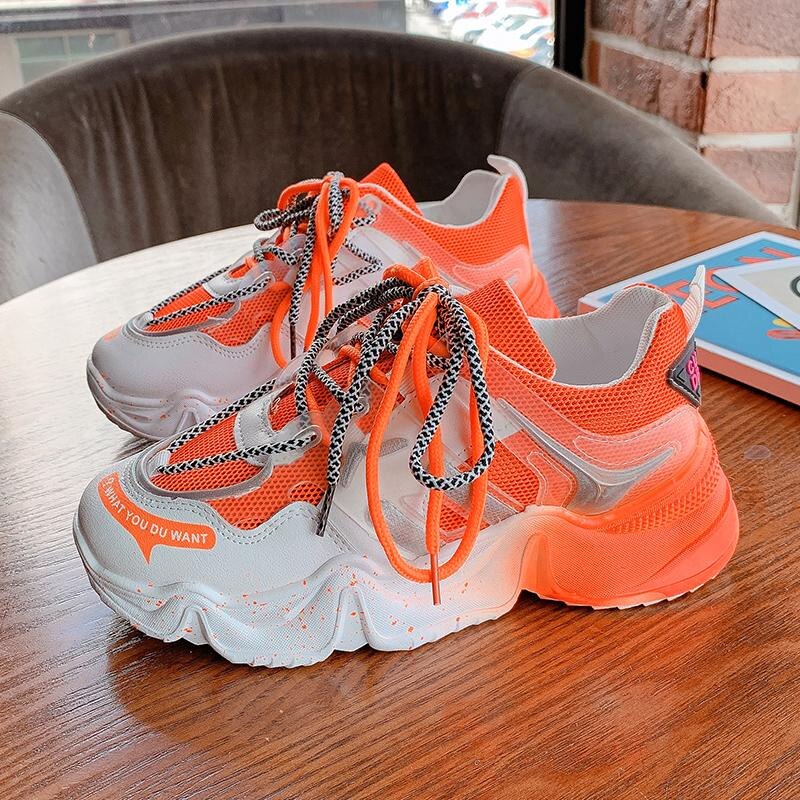 Sneakers dames schoenen blauw oranje mesh casual schoenen dames sneakers veterschoenen platform sneakers dames vulkaniseren schoenen: Oranje / 38