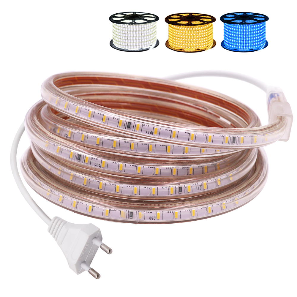 Tira de luces led de 220V, 3014 SMD, 120led/m, cinta de luz flexible impermeable, Blanco cálido, 1m, 5m, 10m, 20m, 25m, 50m, 100m, enchufe de alimentación