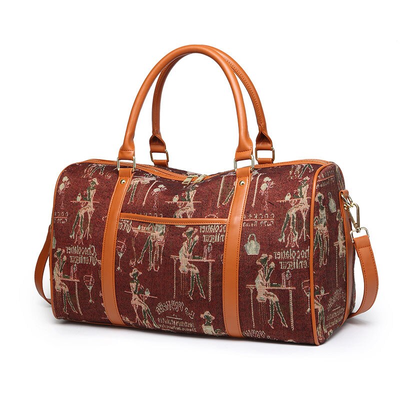 Canvas+PU Leather Women Travel Bag Striped Duffel Tote Large Weekend Bag Female Packing Cubes Suitcase Shoulder Bags: Auburn