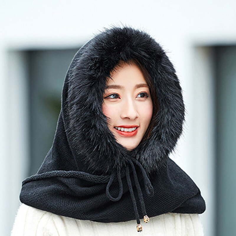 Adult Plus Velvet Hat Female Multi-Fuction Knitted Cashmere Hat Collar Set Winter Neck Warmer Hooded Earmuffs Warm Thickened