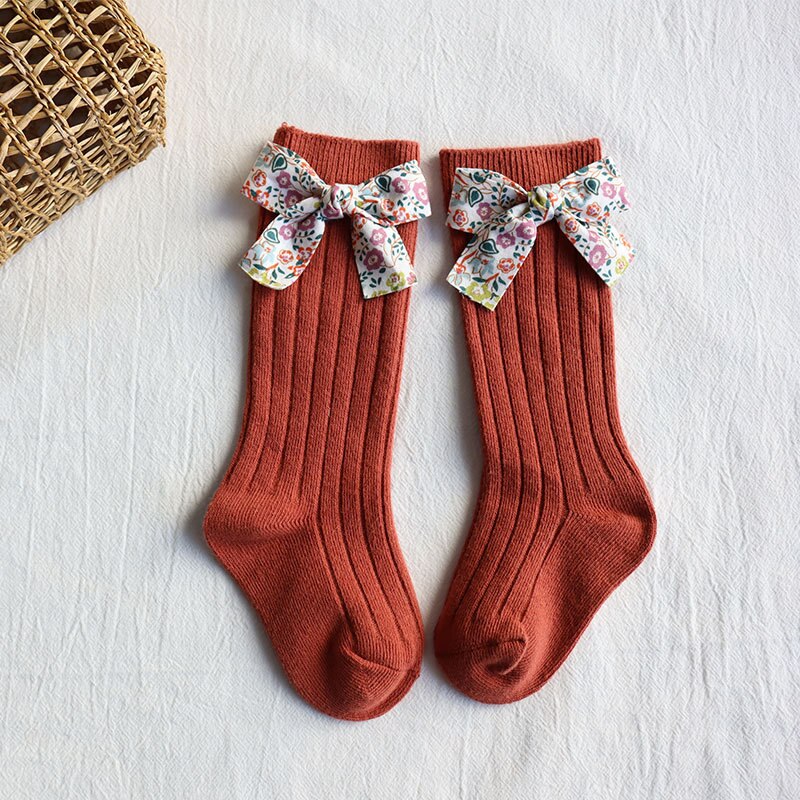 Autumn and Winter Products Soft Children's Socks Striped Floral Bow Socks Plain Medium-Long Stockings Baby Socks: Brick Red