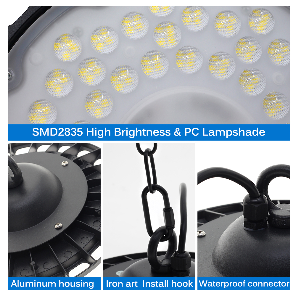 Ac220v led høybaylys 100w 150w 200w smd 2835 4000k 6000k høy lysstyrke kommersiell industriell garasje verksted ufo-lamper