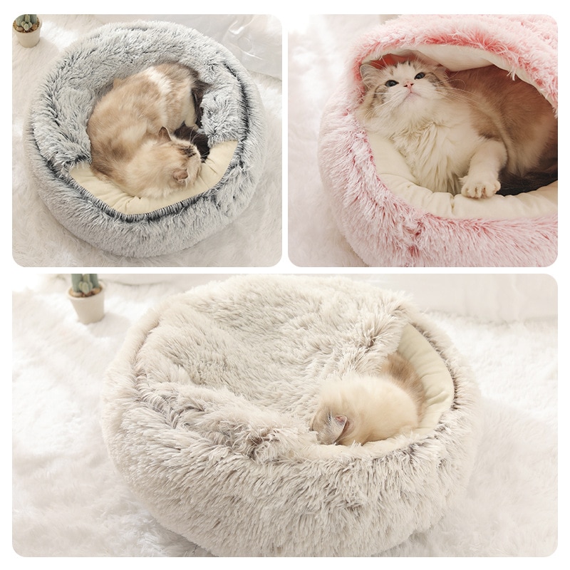Pluche warme kattengrotbed met capuchon, knus zacht pluche hondenbed, zelfverwarmend knuffelbed, slaapbednest voor honden, katten en puppy's