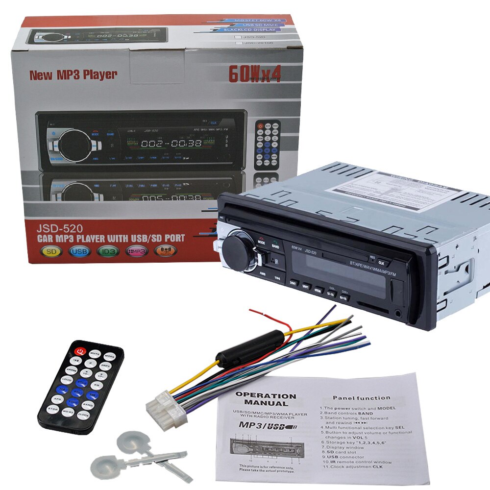 Car FM and MP3 MP4 Bluetooth Stereo Radio Receiver Aux with USB Port and SD Card music Universal player JSD520