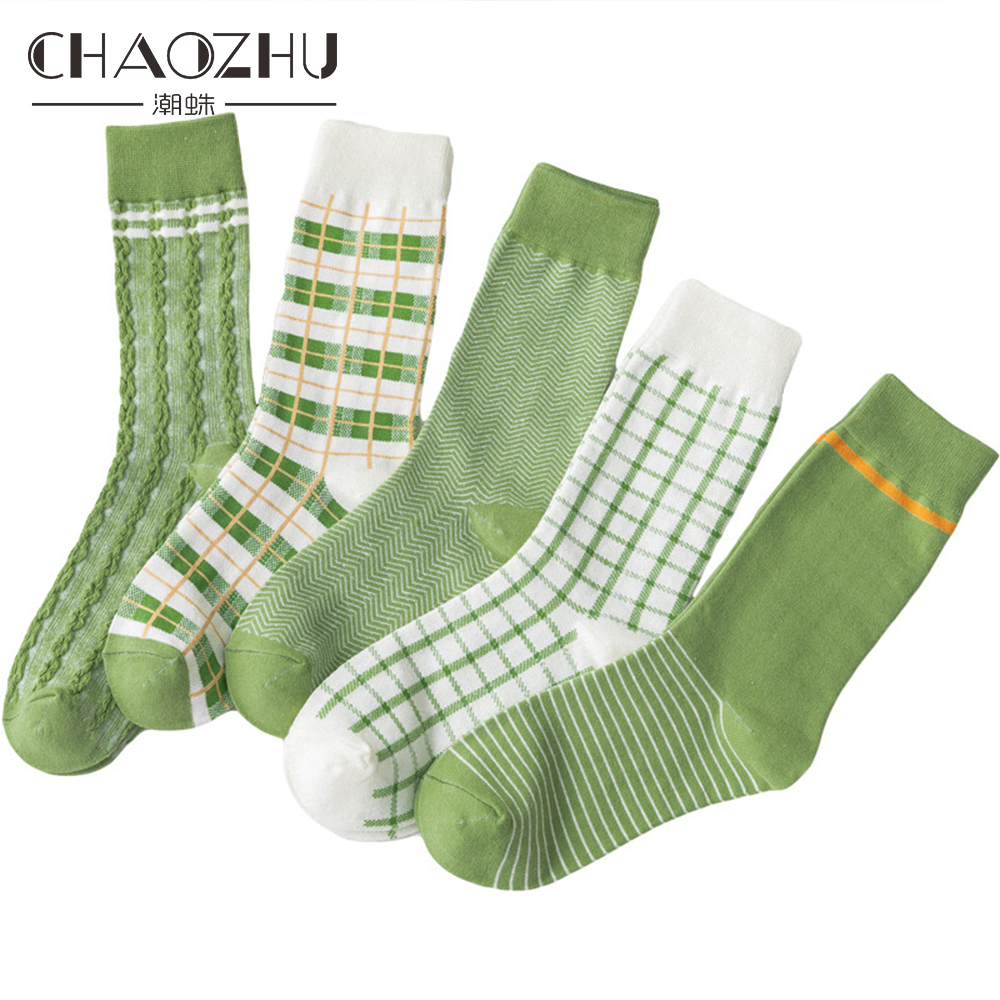 CHAOZHU fresco verde 5 Patrones de celosía olas pequeñas Matcha Primavera Verano skate mujer chica calcetines de de mujer Casual