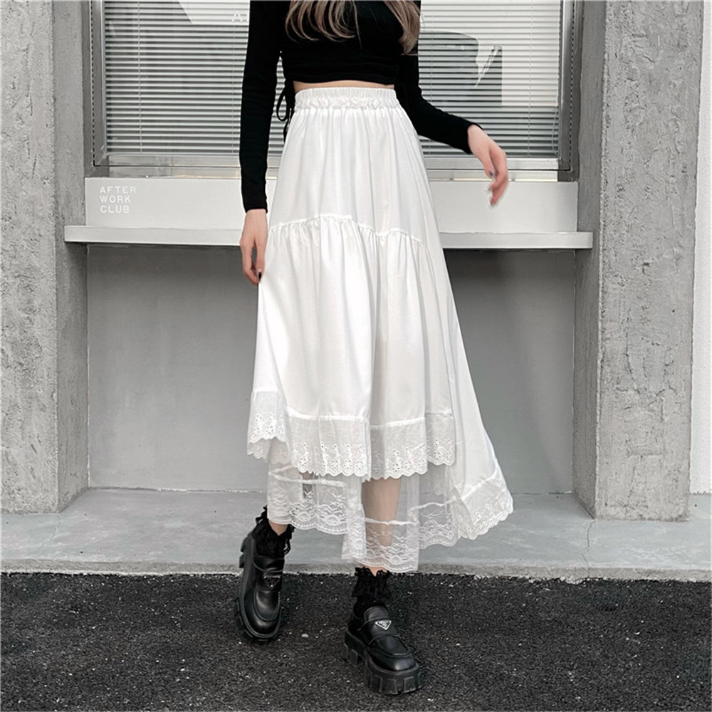 Jupe longue plissée noire et blanche pour femmes, Streetwear, couleur unie, décontractée, ample, élastique, taille haute, volants, doux