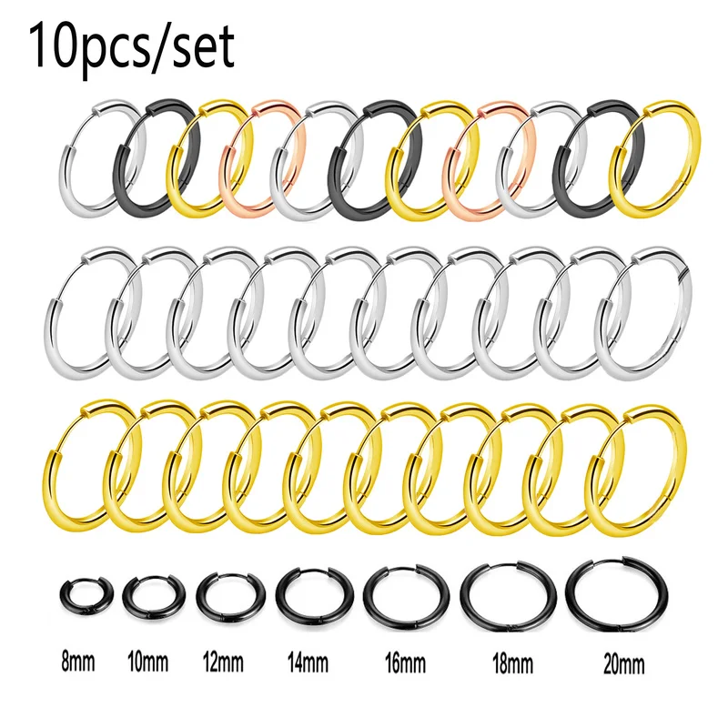 Pendientes de aro pequeños minimalistas de acero inoxidable 316L para mujer y hombre, aretes redondos clásicos, joyería para Piercing en la oreja, 10/20 piezas