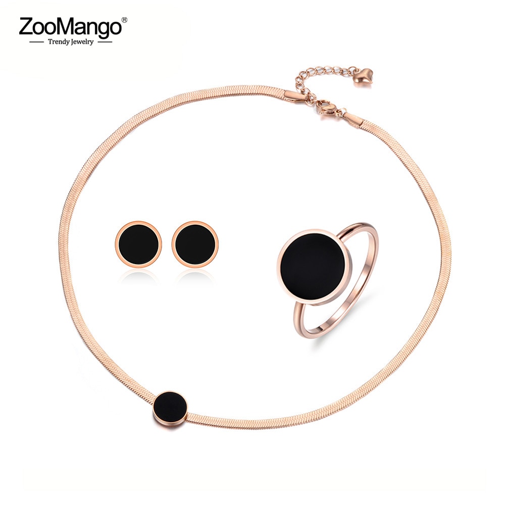 ZooMango Trendy Nero Acrilico In Acciaio Inox Catena Del Serpente Sottile del Braccialetto Della Collana Orecchini Anelli Set di Gioielli Per Le Donne ZSE004