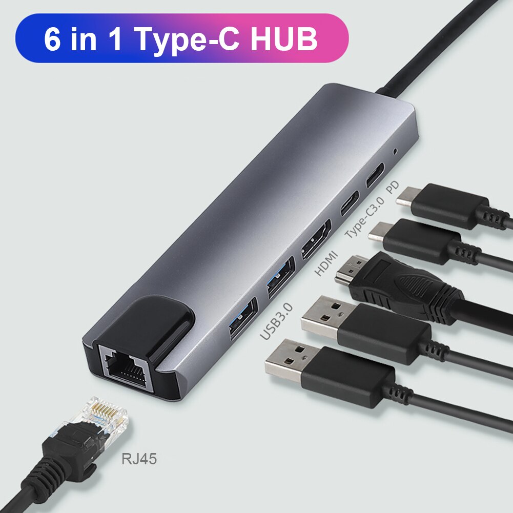 6 In 1 USB-C Hub Type C 3.0 + X2USB 3.0 4K + Hdmi-Compatibel + Type-C 100W + Pd RJ45 Adapter Voor Laptop Intelligente Uitbreiding Dock