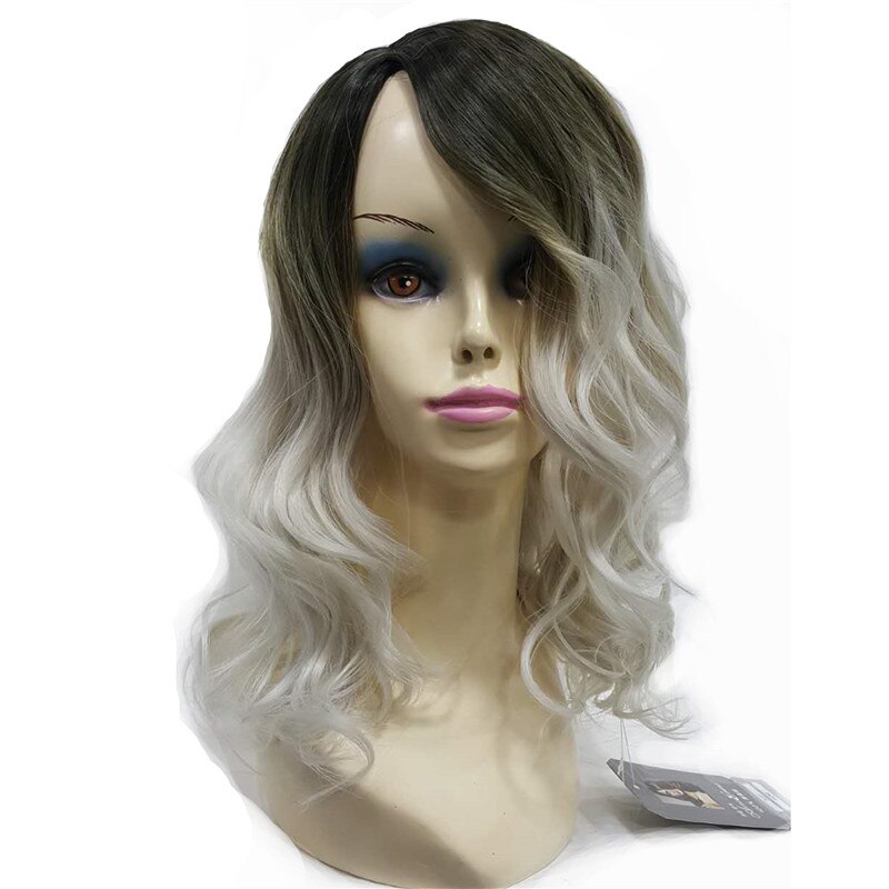 StrongBeauty Women's Wig Ombre Silver gray Dark root Long Curly Hairstyle with Bang Synthetic Full Wigs