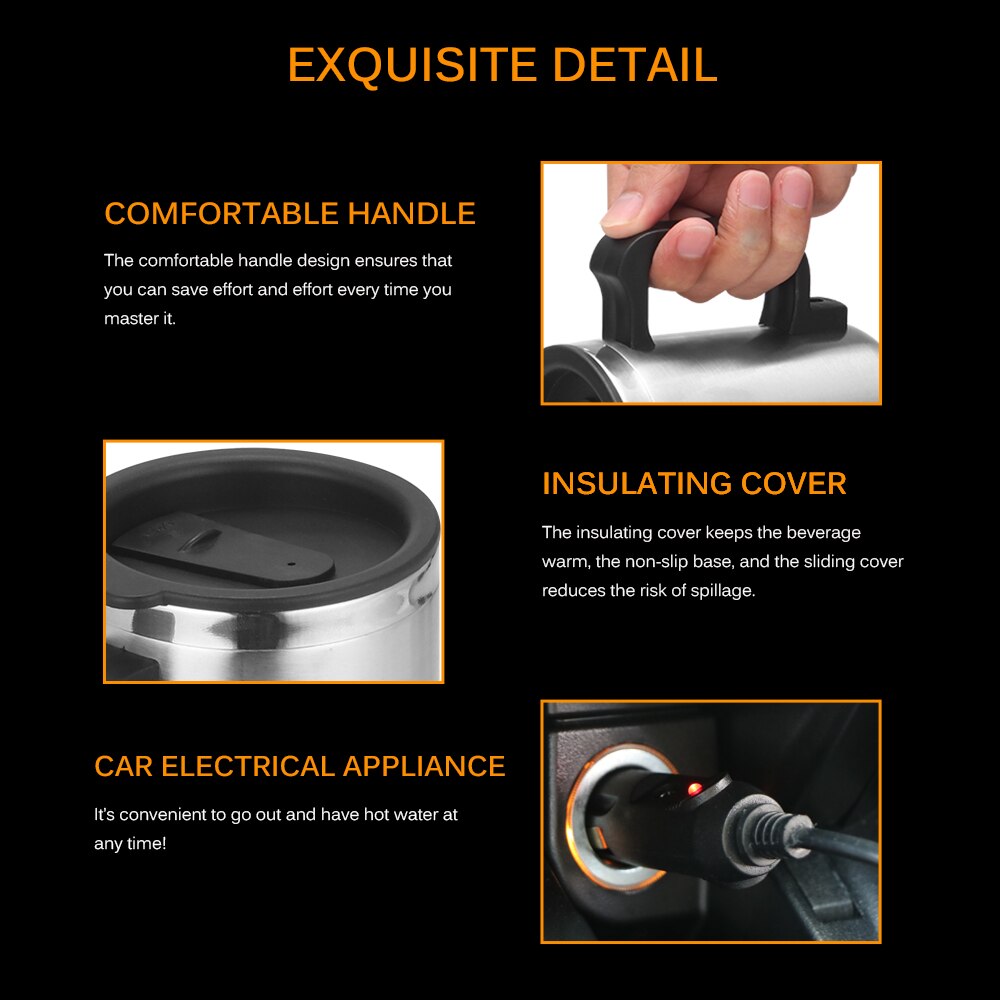 500ML 12V Portable tasse bouilloire voyage café tasse électrique en acier inoxydable avec allume-cigare câble voiture eau garder plus bouilloire