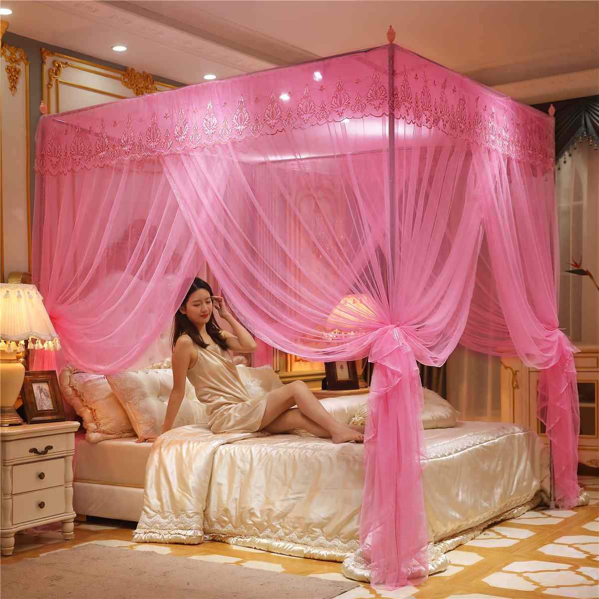 pink quadrate mosquito net palace net with iron tube frame floor-nets romantic lace bed netting blue three-door moustiquaire: Pink