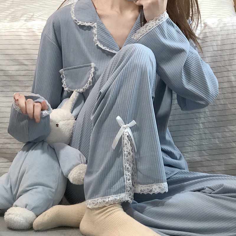 Conjunto de pijama de estilo japonés para mujer, ropa de dormir Popular, de lazo, Chic, Ulzzang, cuello vuelto, suelto y cómodo, otoño: blue A / XXL