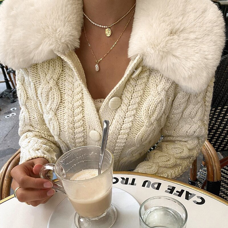 Kvinder cardigan trøjer hvid pels trim krave casual streetwear  y2k korte strik toppe varme vinter sweater toppe