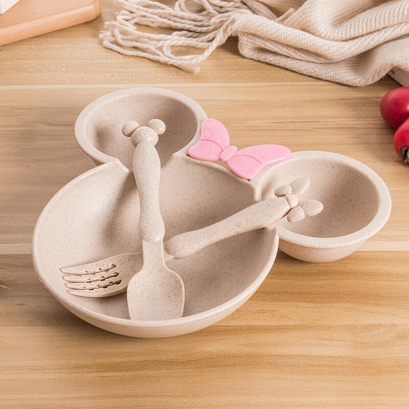 3 stk/sett baby tegneserie servise fat hvete bolle anti småroll barn middag mating mat tallerken barn trening bolle skje gaffel: Beige sett