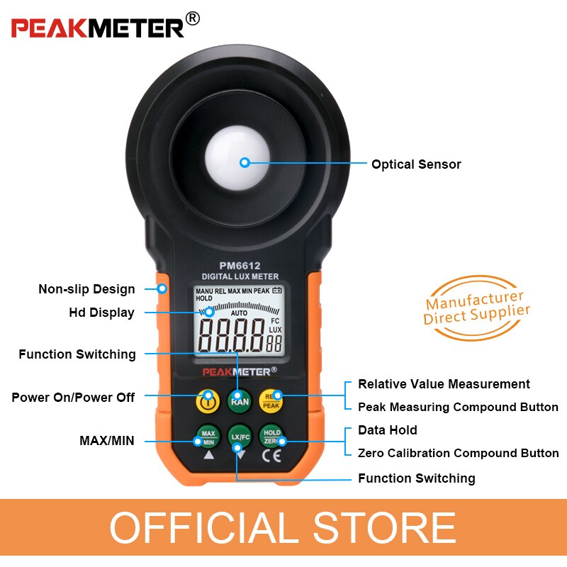 Official PEAKMETER PM6612 Digital Analog Bar Light Lux Meter 200000 lux Handheld Light Meter for Light Measuring