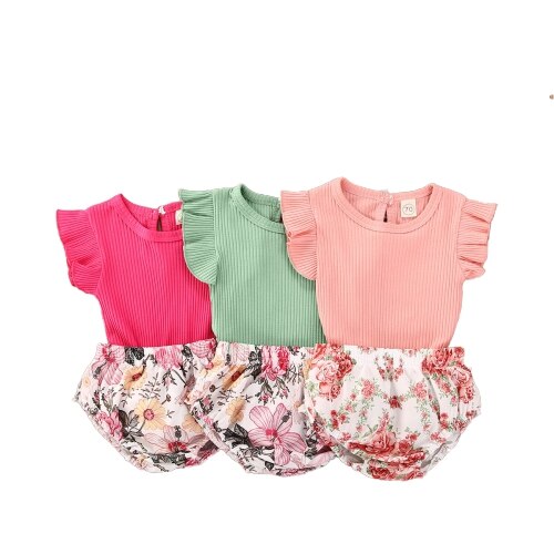 Enfant en bas âge bébé filles vêtements col rond coton à manches courtes T-shirt imprimé fleuri pantalon bandeau 3 pièces ensemble de tenue été