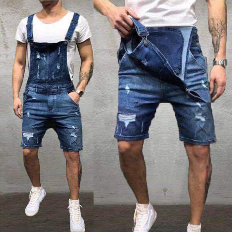 Mono vaquero rasgado a la para Hombre, Peto vaquero desgastado, pantalones cortos informales ajustados hasta la rodilla, color negro
