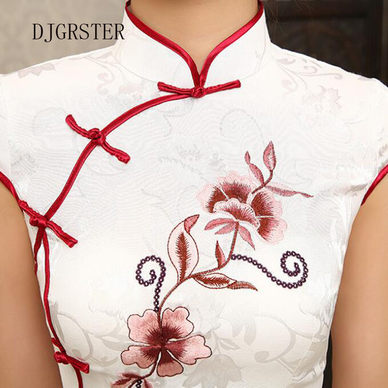 DJGRSTER-vestido Cheongsam Vintage chino para mujer, vestido de seda bordado blanco, ajustado, corto, de noche