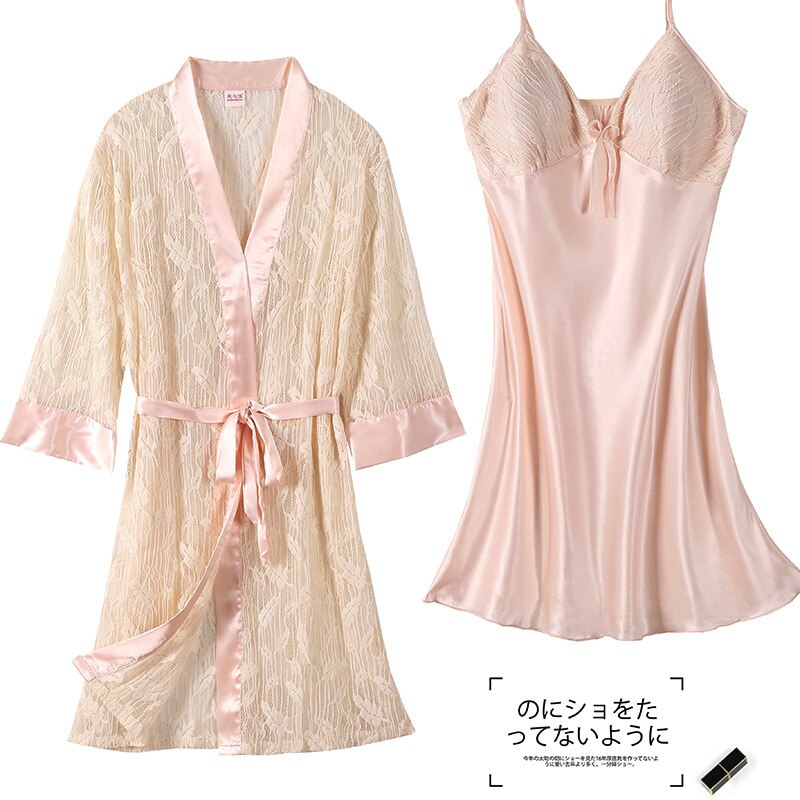 Verano Otoño de malla bata juego 2 uds de la perspectiva de las mujeres camisón Kimono de novia corto bata Lencería íntima ropa de dormir vestido