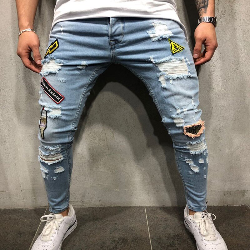 men's hole embroidery jeans Hip-hop slim men jeans skinny jeans men Clothes