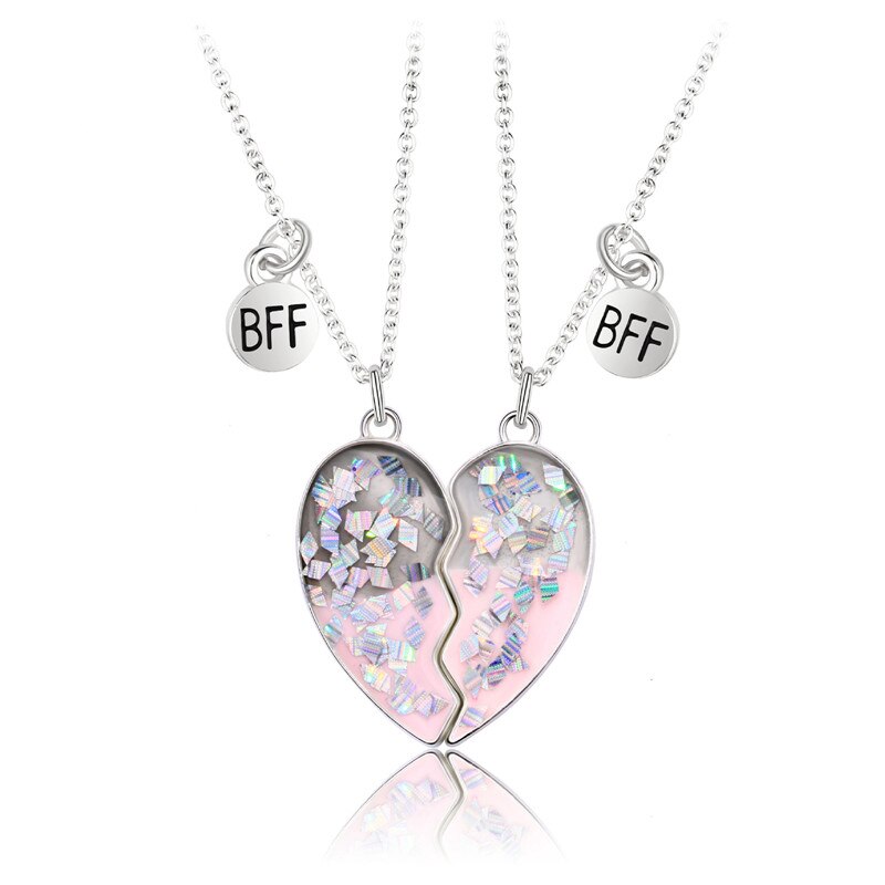 Sequin Stitching Heart Broken Best Friends Necklace Pendant Chain Necklaces BFF Friendship Jewelry for Unisex 2PCS: Default Title