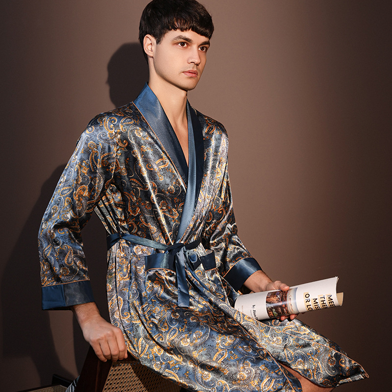 Nachthemden Männer Sommer Dünne Bademantel Große Größe Eis Seide Gedruckt Pyjama einteiliges Kleid Männlichen Loungewear herren Frühling: XL / Himmel Blau