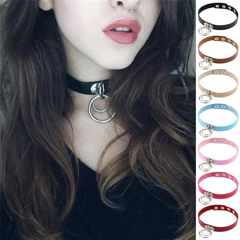 Trendy Choker Collar Necklace Double Ring O Leather Gothic Bracelet Women