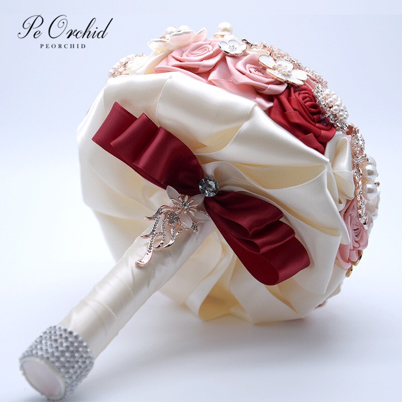 PEORCHID Luxury Bridal Bouquets With Brooches Satin Rose Bride Flower Wedding Bouquet Blumen Hochzeit Rhinestone Bouquet