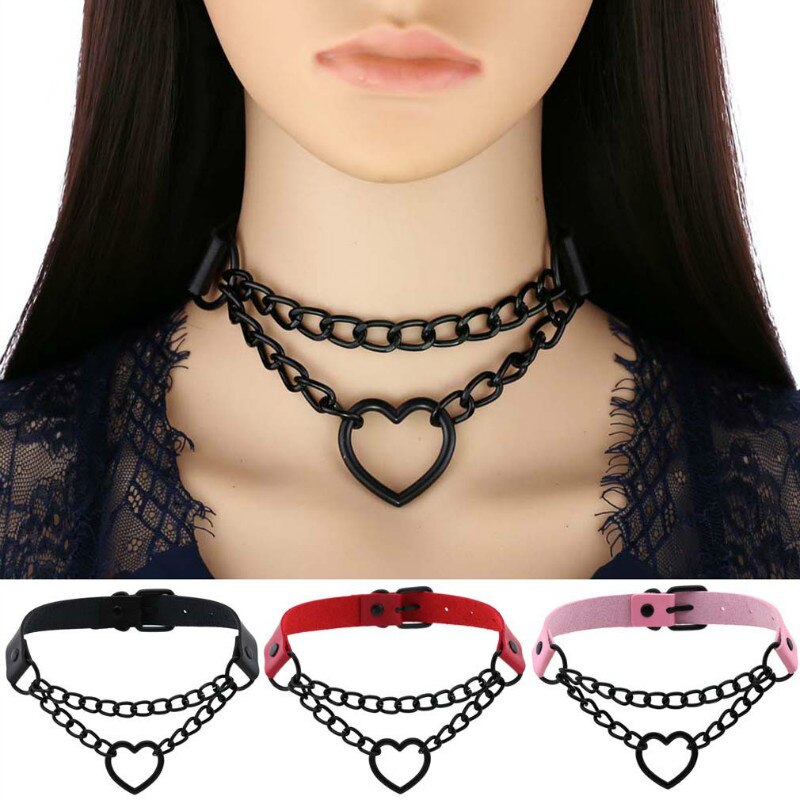 Black Gothic heart Punk Choker goth chain collar dark pu leather chocker Rock necklace women girls festival Jewelry