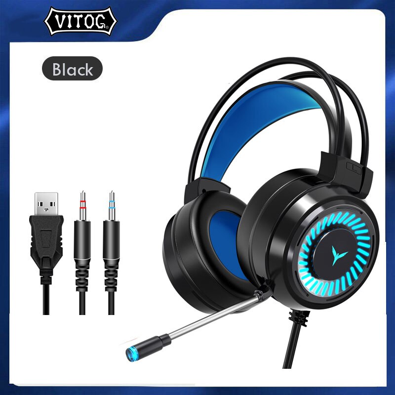 Gaming Koptelefoon Surround Gamer Hoofdtelefoon Geluid Stereo Wired Headset Met Microfoon Usb Kleurrijke Licht Pc Laptop Game Heads: Black