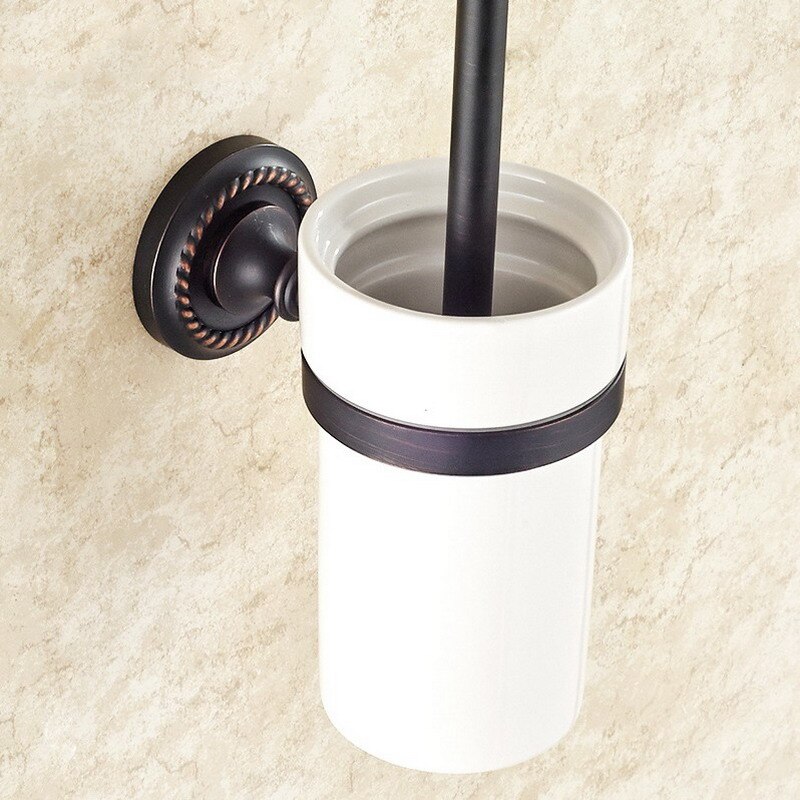 Oil Rubbed Bronze Toilet Brush Holders With Ceramic Cup Wall Mounted Black Brass Toilet Brush Bathroom Accessories BD658