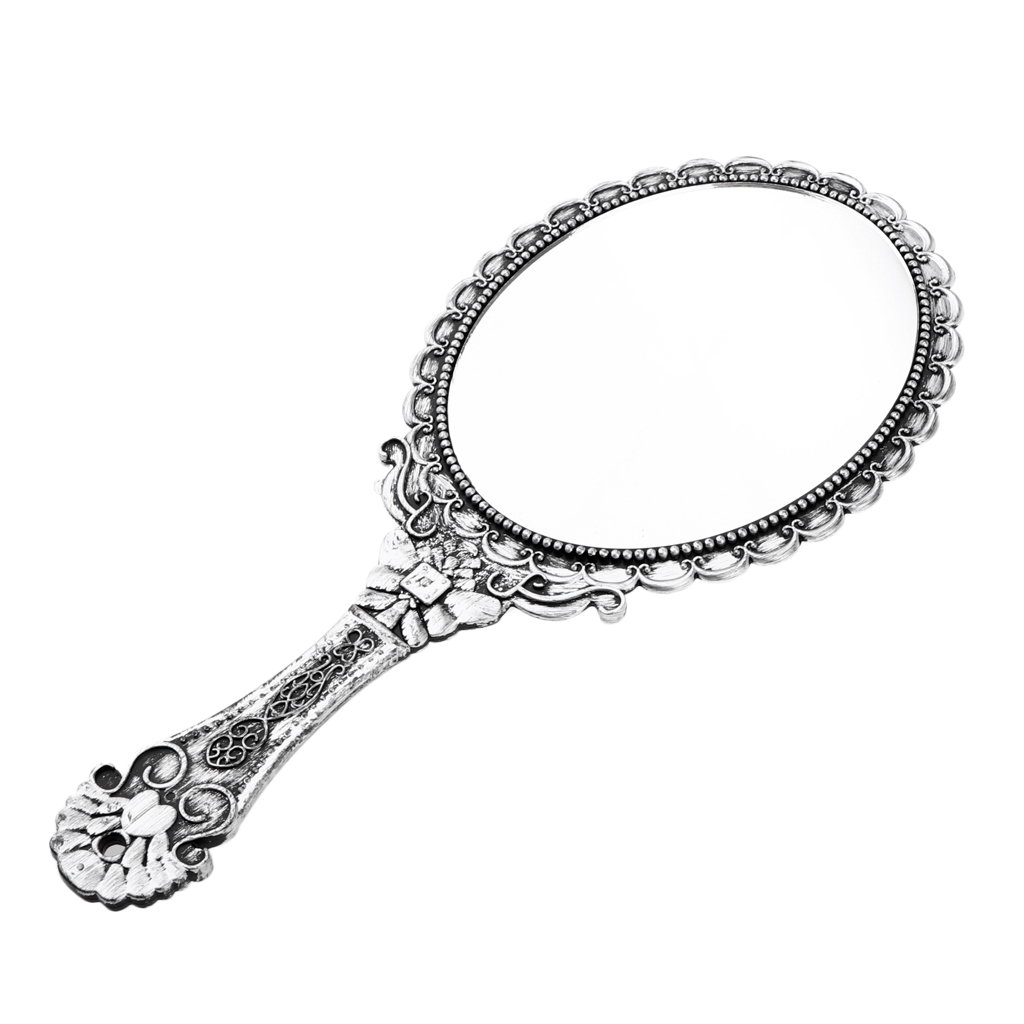 Dekorativ antik stil ovalt håndspejl med håndtag præget rose til makeup cosplay stue: Antik sølv