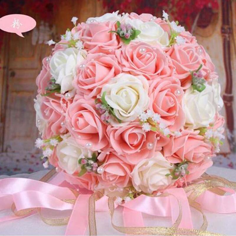 Flores decorativas hechas a mano, rosas artificiales, perlas, acentos de encaje para novia, ramos de boda con cinta